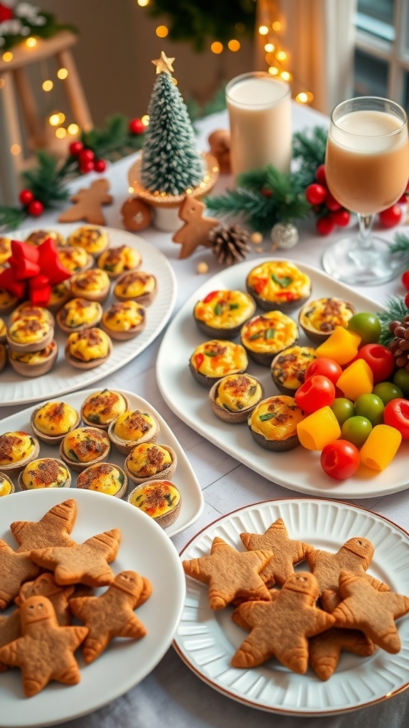 A table filled with various finger foods for a Christmas party, including mini quiches, stuffed mushrooms, fruit skewers, and gingerbread cookies.